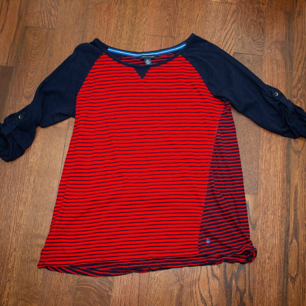 Tommy Hilfiger 3/4 sleeve striped red & navy asymmetrical sailor top
